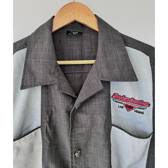 Harley Davidson Cafe Las Vegas Mens Large Shirt Button Up Gray Black Bowling - Picture 7 of 10
